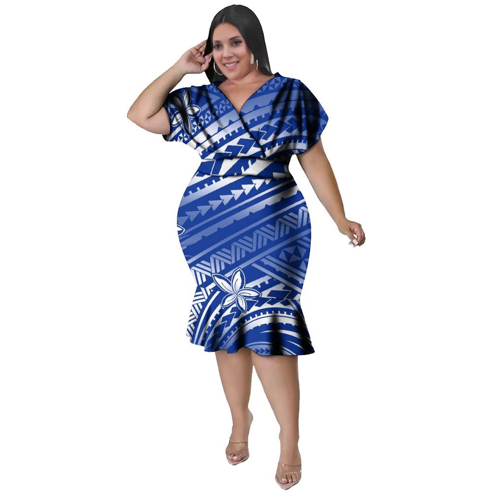 Ethnic Fabric - V-Neckline Women'S Polynesian Style Knee-Length Full-Skirted