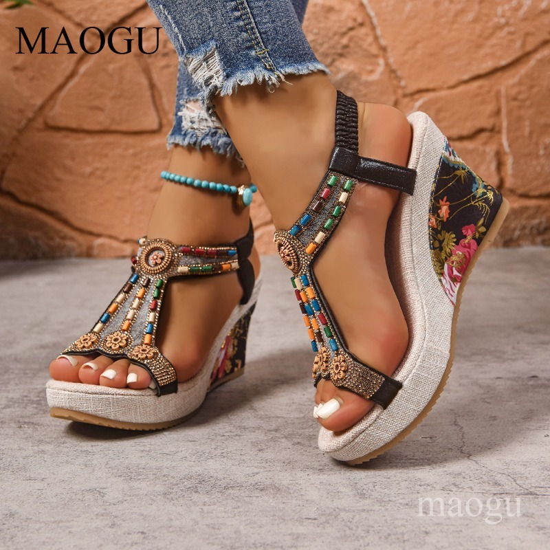 Boho Beaded Floral Wedge Sanda - огляд і ціна Ethnic Fashion Women